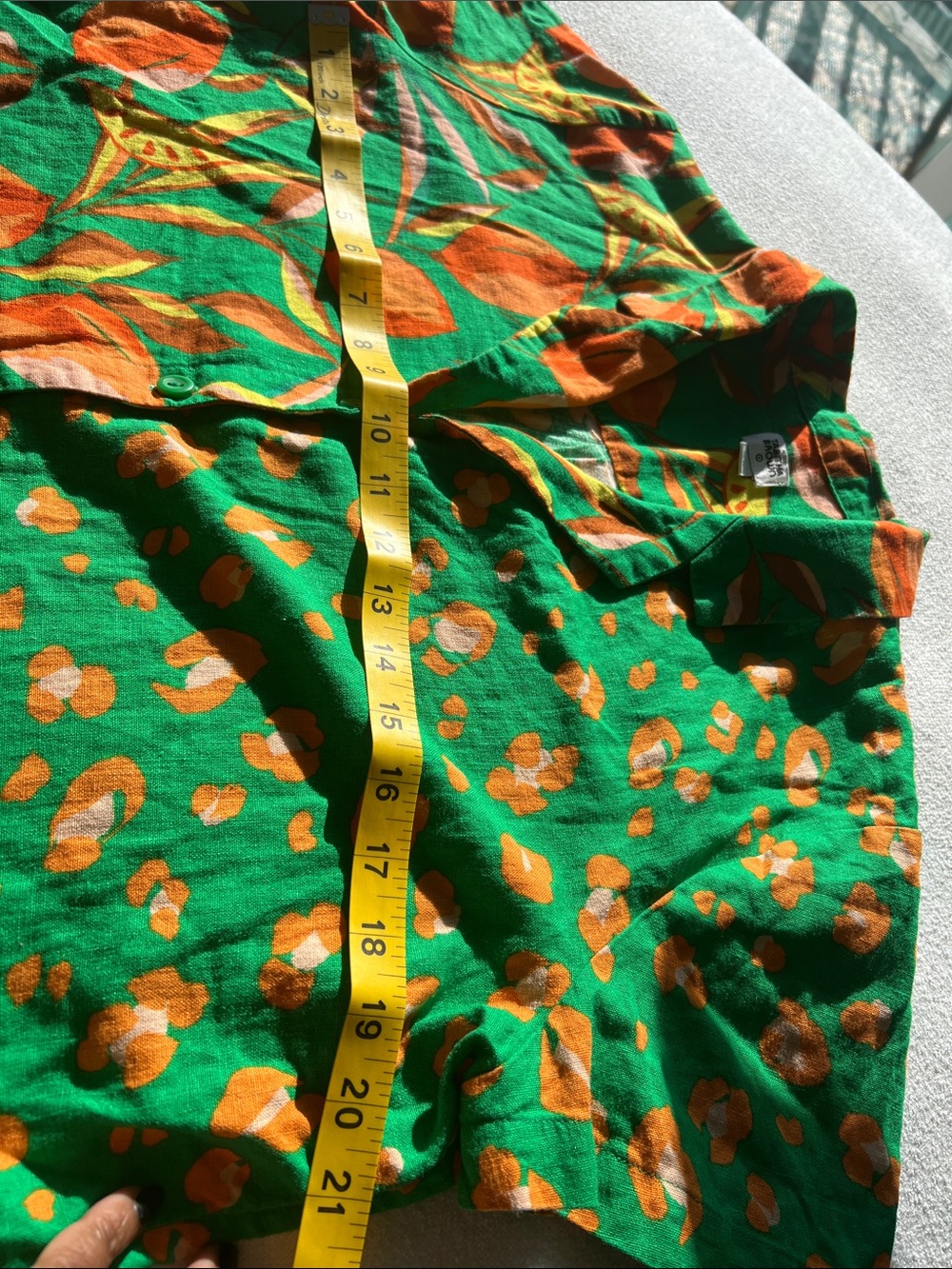 Woman’s Green and Orange Patchwork Floral Button-Down Linen Shirt - Picture 8 of 10